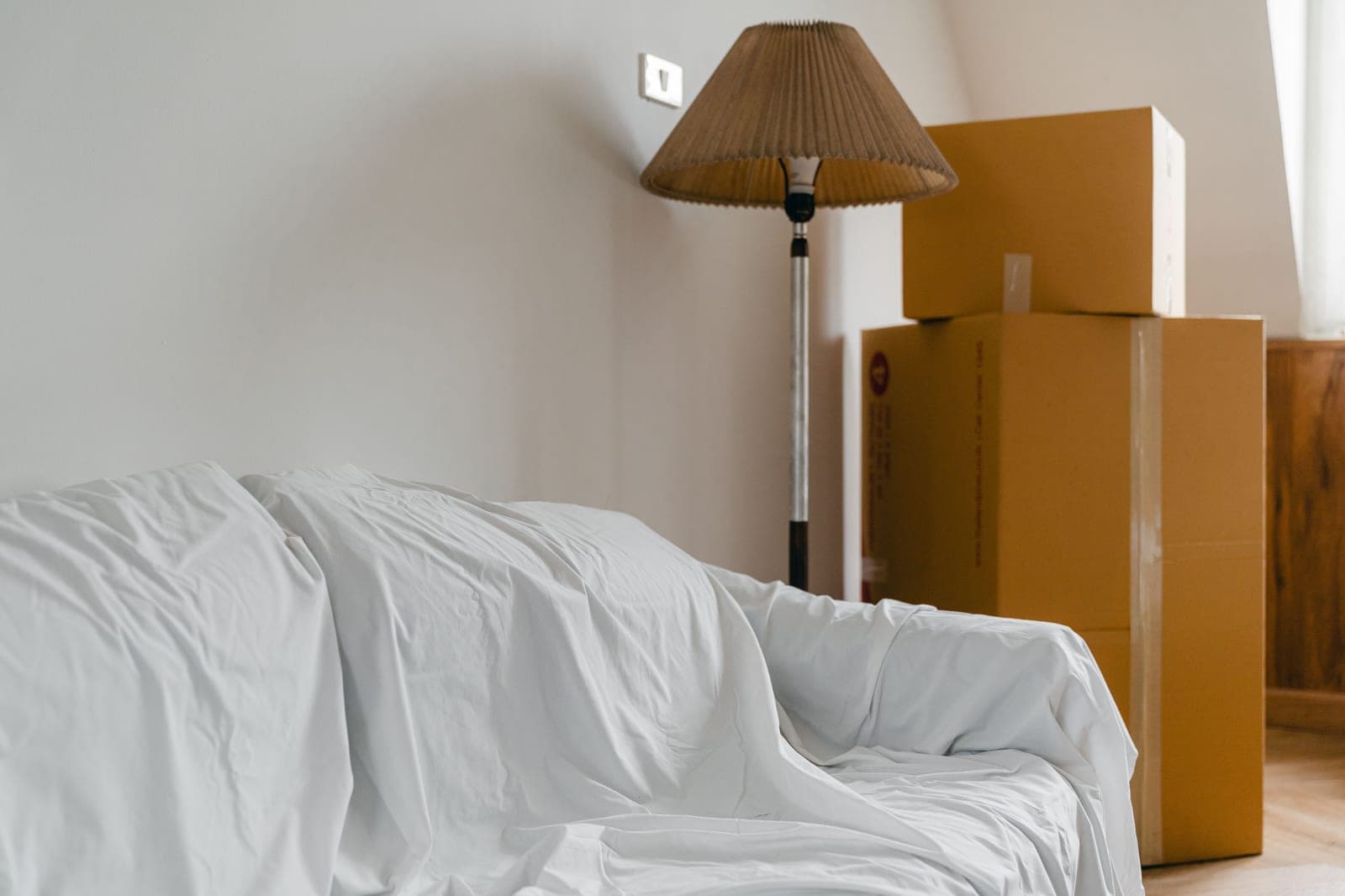 A newly occupied apartment room with a floor lamp and boxes