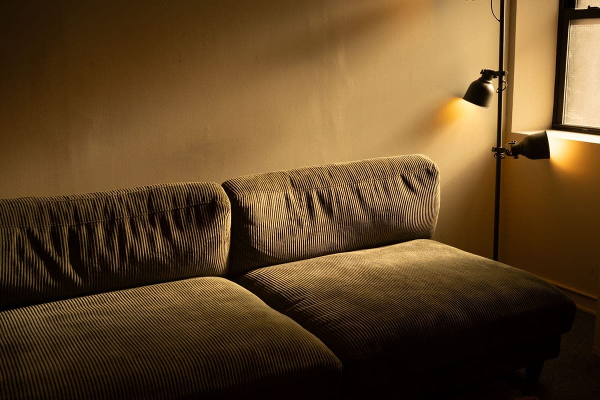 A living room in the evening lit by lamps around a sofa, with no ceiling fixture