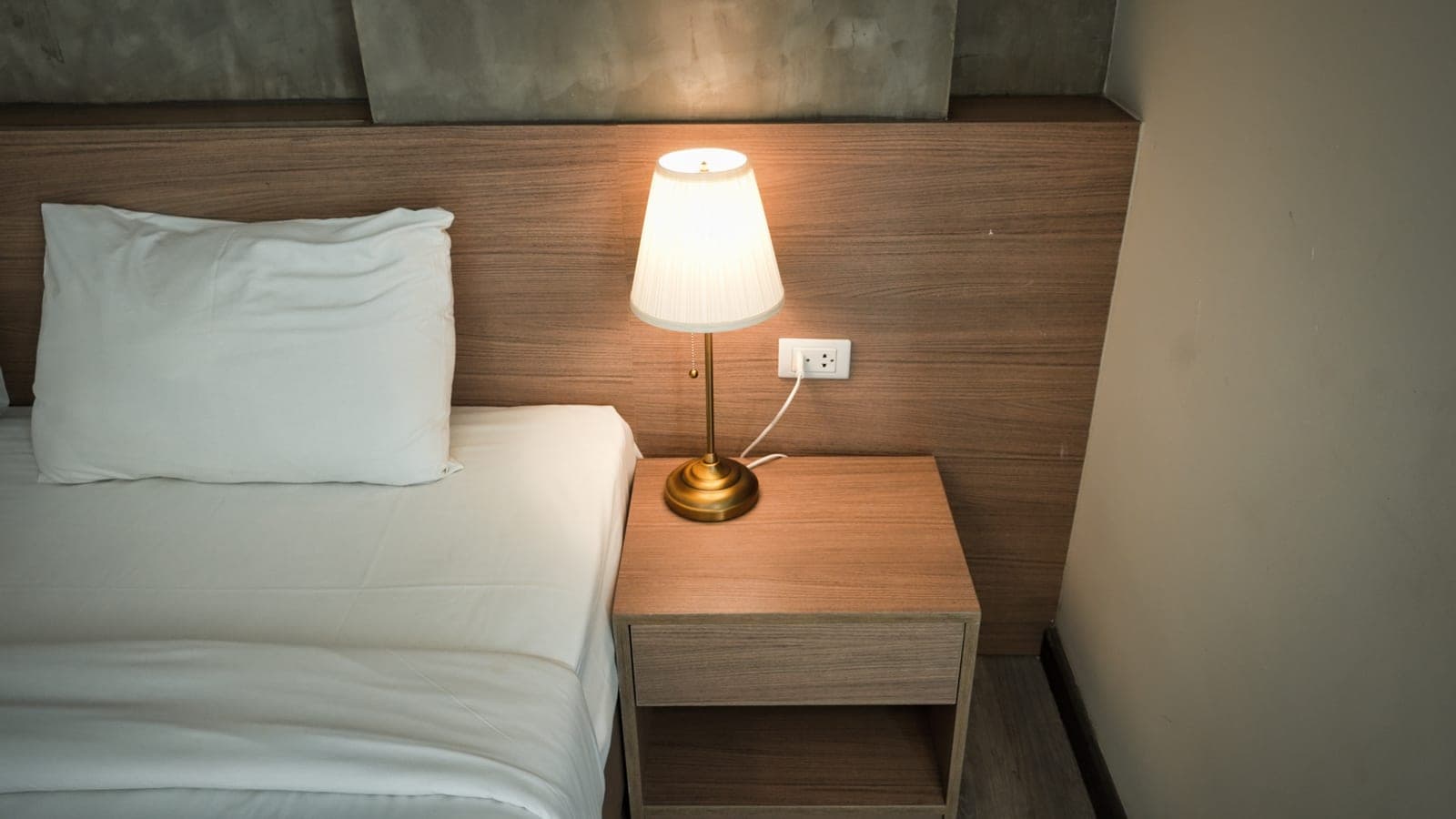 A plug-in dimmer control on a lamp cord beside a wall outlet