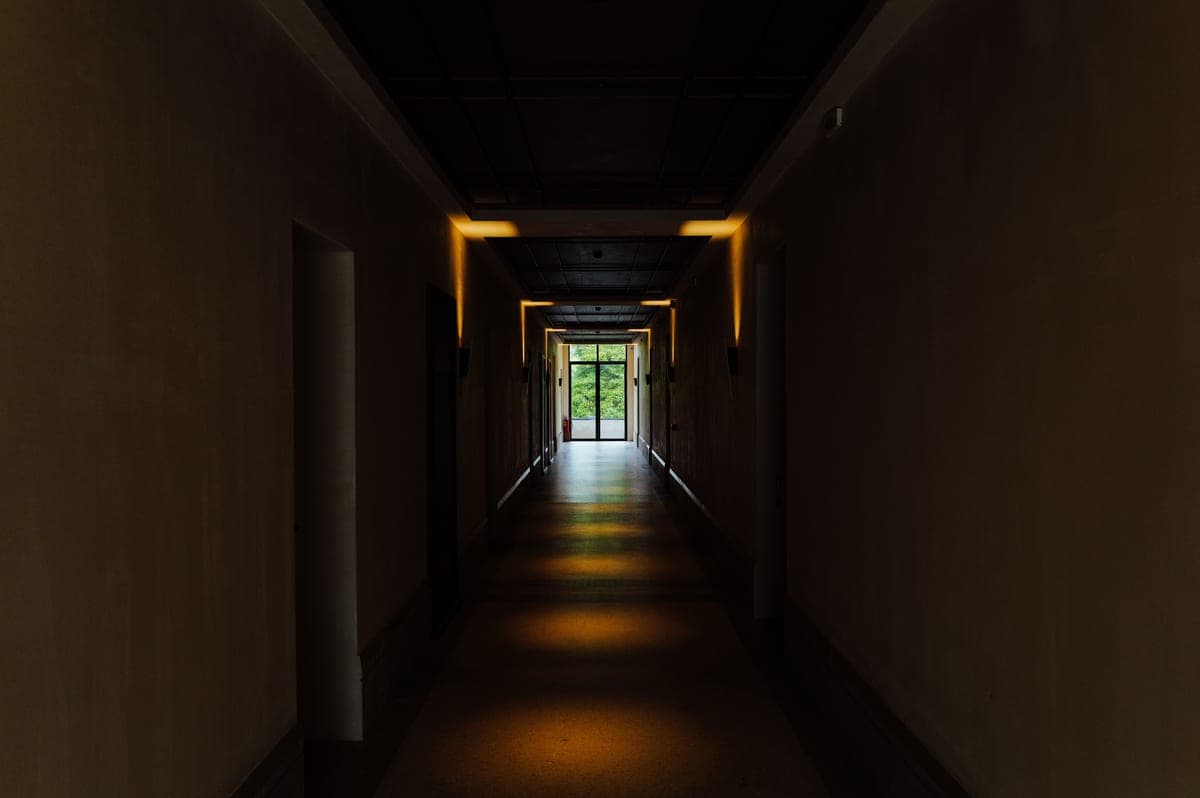 A softly lit hallway in a home