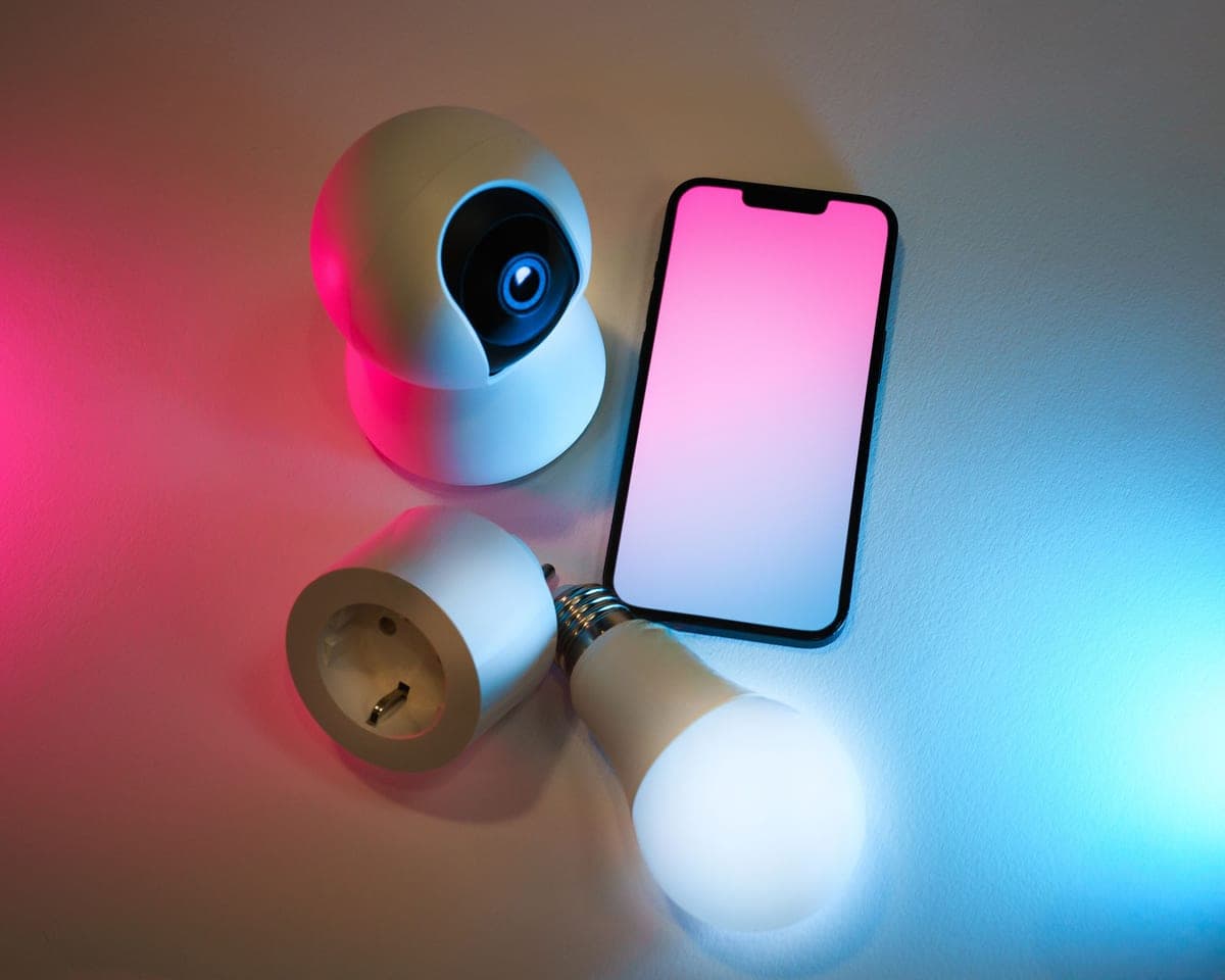 A smart bulb glowing in a lamp beside a phone in a dim living room